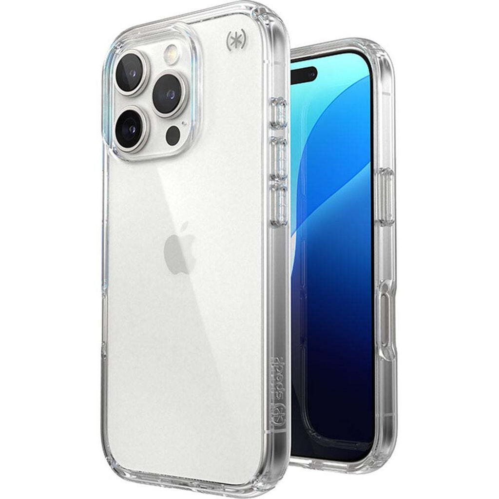 A clear protective case for an iPhone 16 Pro, shown from the back and side.