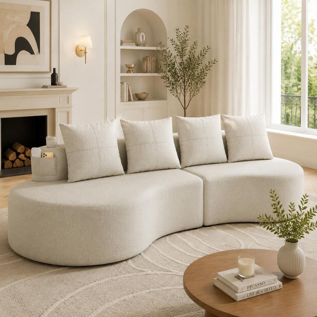 Leinenstoff Sofa Beige Couch mit 4 Kissen Polstersofa Modernes Loungesofa Wohnzimmersofa mit Becherhalter Seitentaschen Federkern Kleines Sofa