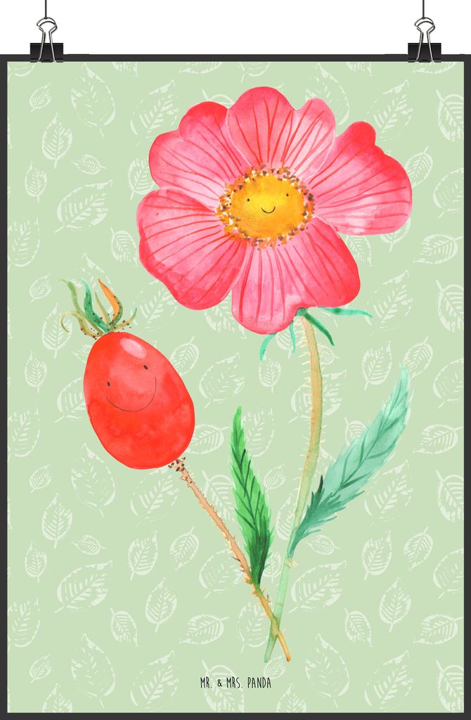 Mr. & Mrs. Panda Bild Blume Hagebutte DIN A1 - Blattgrün - Geschenk, Wanddekoration, Schlechte Gedanken, Kunstdruck, Garten, Plakat, wanddeko, Pos...