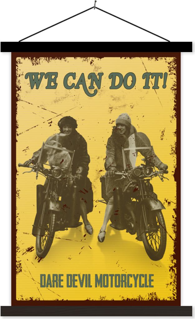 MuchoWow Textilposter Motorrad - Retro - Frauen - Zeichnung 40x60 cm mit schwarzem Rahmen - Wanddekorationen
