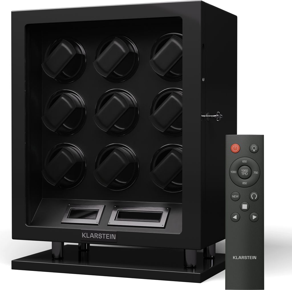 Klarstein Uhrenbeweger für 9 Automatikuhren, mit Acryl-Tür und Schloss, weiße LEDs, 5 TPD Einstellungen, automatischer Watch Winder