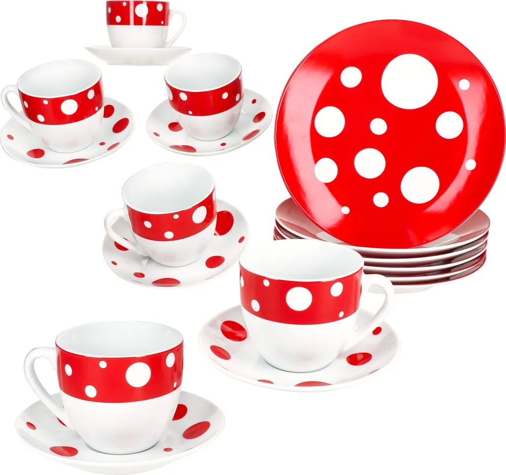 Servizio da Caffè 18 Pezzi Pula Pois Rossi in Porcellana per 6 Persone