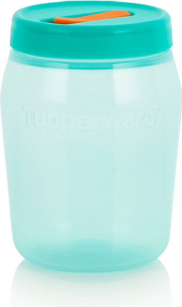 A teal Tupperware container with an orange accent on the lid, isolated on a white background.