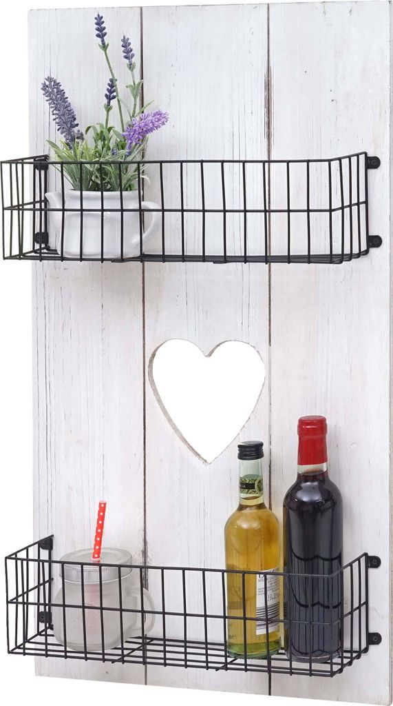 Wandregal MCW-D42, Wandpaneel Holzregal Regal mit Körben, Massivholz weiß shabby, 70x40x10cm