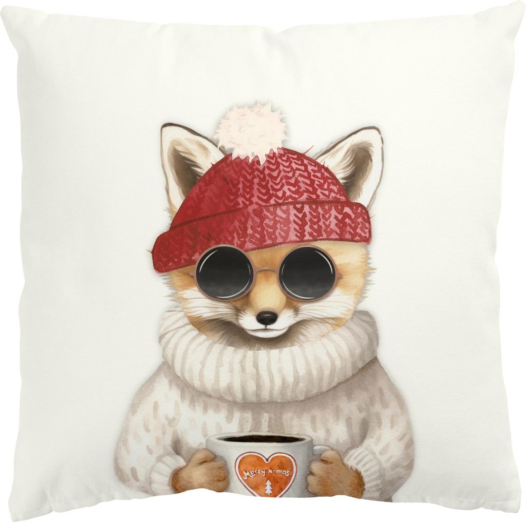 Dekokissen Tiere drinnen / Indoor Zierkissen Samt waschbar Kaffee rot Aquarell Illustration Sofakissen mit Füllung