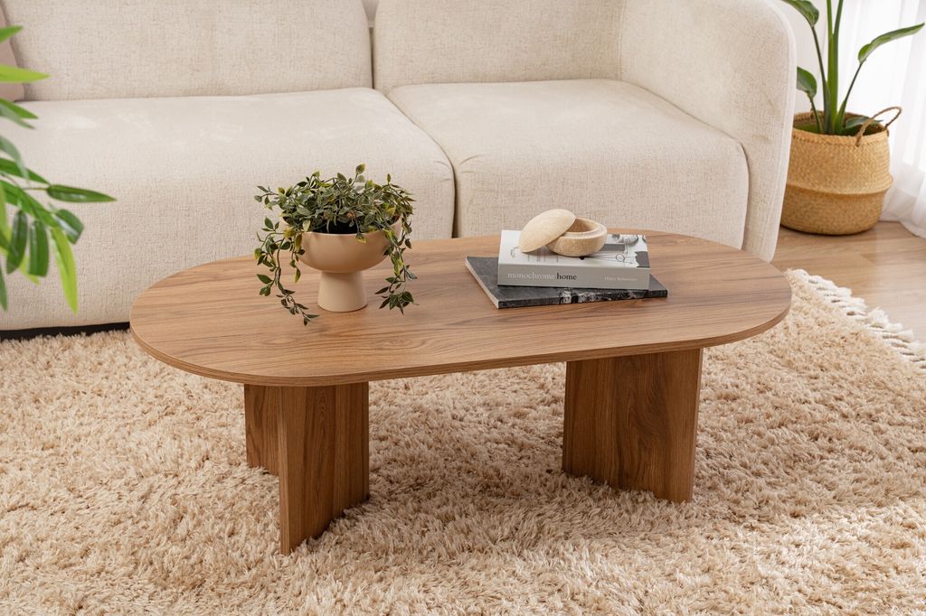 A wooden coffee table with a plant and books on it, placed on a rug in front of a sofa.