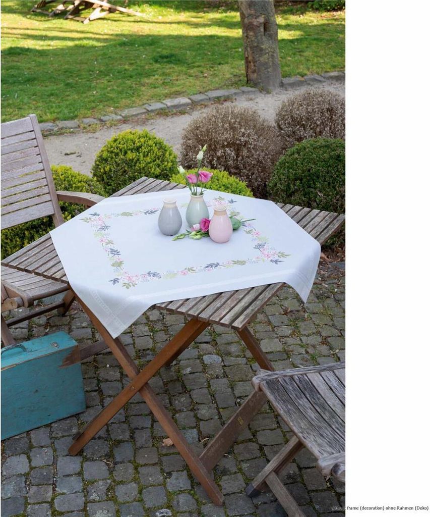 Vervaco bedruckte Tischdecke Plattstichset "Blumen und Blätter", Bild vorgezeichnet