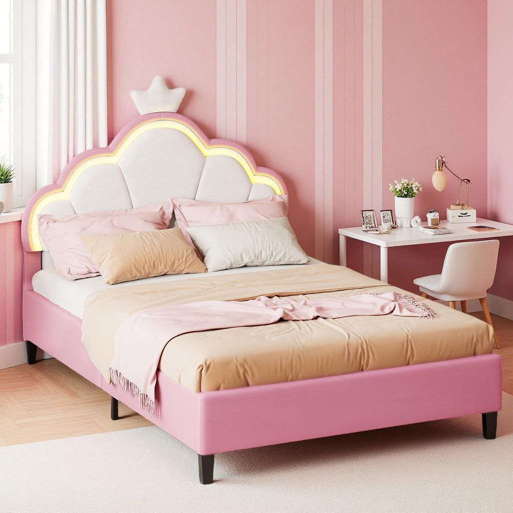 Kinderbett 90x200 cm, rosa-weißer Samt, Kronenkopfteil und Produktbild 