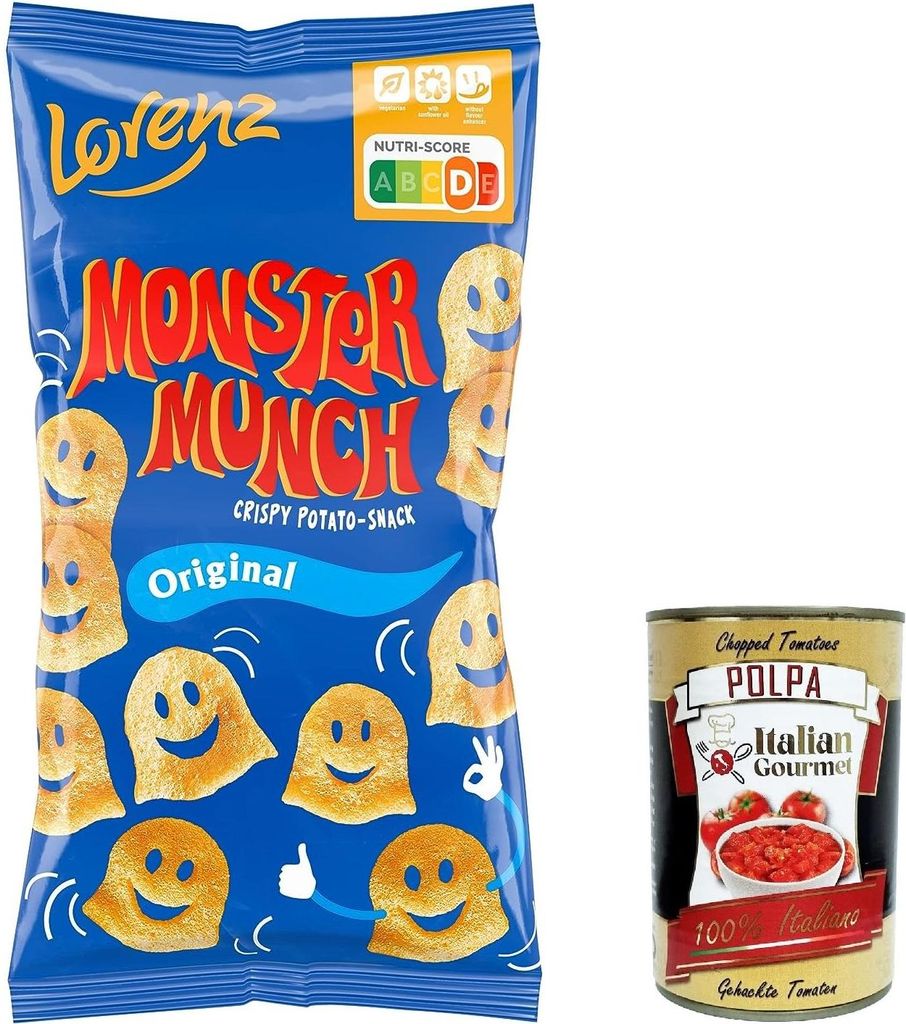3x Lorenz Monster Munch Original Kartoffelsnack mit feiner Würzung 75g + Italian gourmet polpa 400g