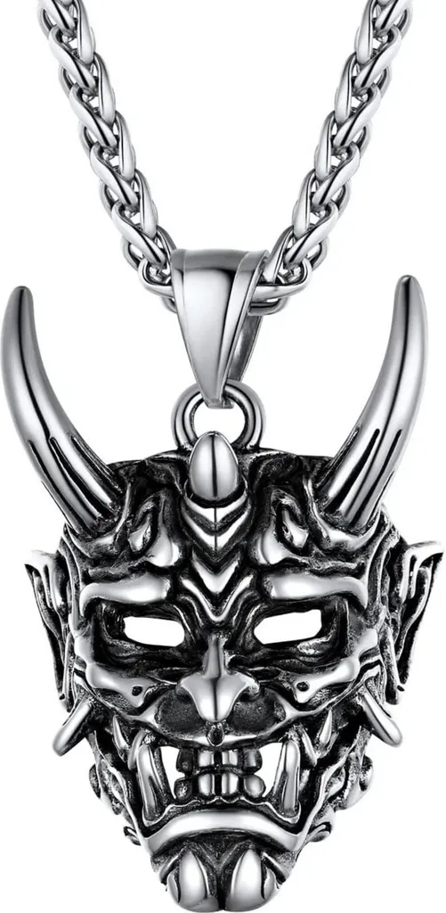 Pendentif Masque Démon Japonais Acier : Collier Durable au Look Punk