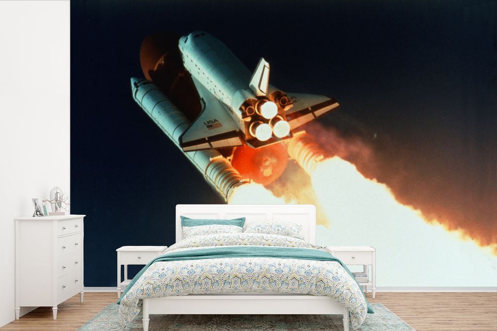 MuchoWow Fototapete für Wohnzimmer oder Schlafzimmer Wandtapete Vinyl Motivtapete Start einer Raumfähre in den Weltraum - 360x240 cm - Vinyl-Ta...