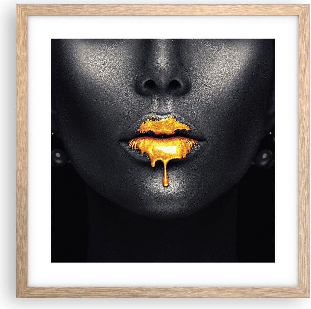 Gerahmtes Poster - Rahmen in heller Eiche - Gold Mund Schwarz - 40x40 cm - Wand Bild - Wanddeko - Wandbilder - Kunstposter - Wandposter - Bilderrah...