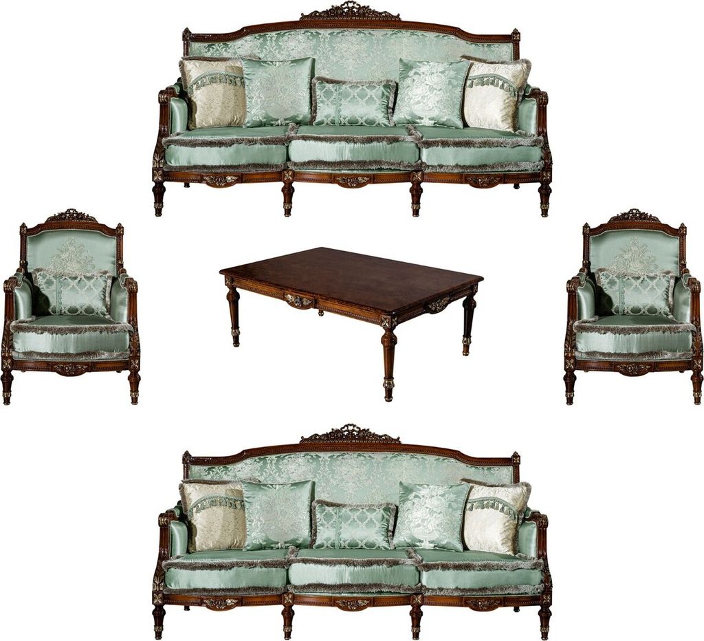 Casa Padrino Luxus Barock Wohnzimmer Set Hellgrün / Braun - 2 Sofas & 2 Sessel & 1 Couchtisch - Prunkvolle Wohnzimmer Möbel im Barockstil