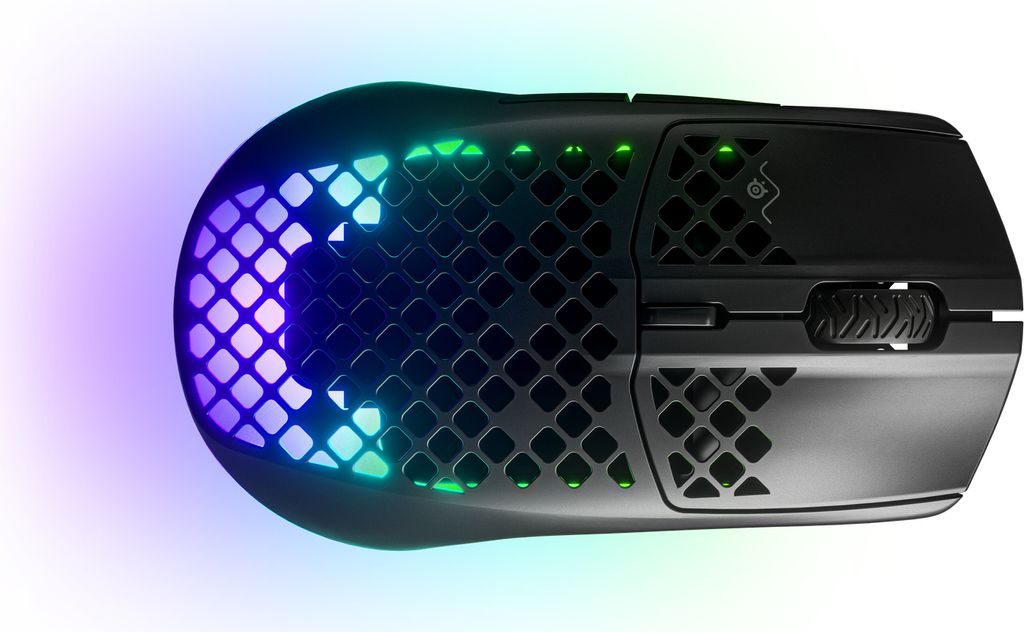 A close-up, top-down view of a black gaming mouse with RGB lighting.