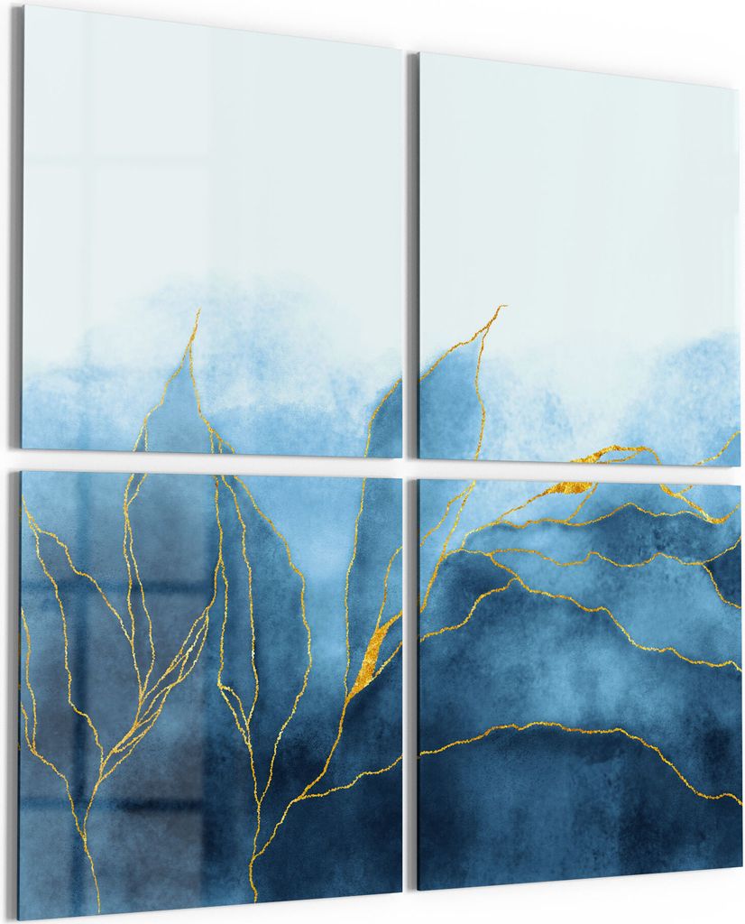 DEQORI Glasbild Echtglas 4x50x50 cm 'Blauer Wasserfarbverlauf' Wandbilder XXL groß