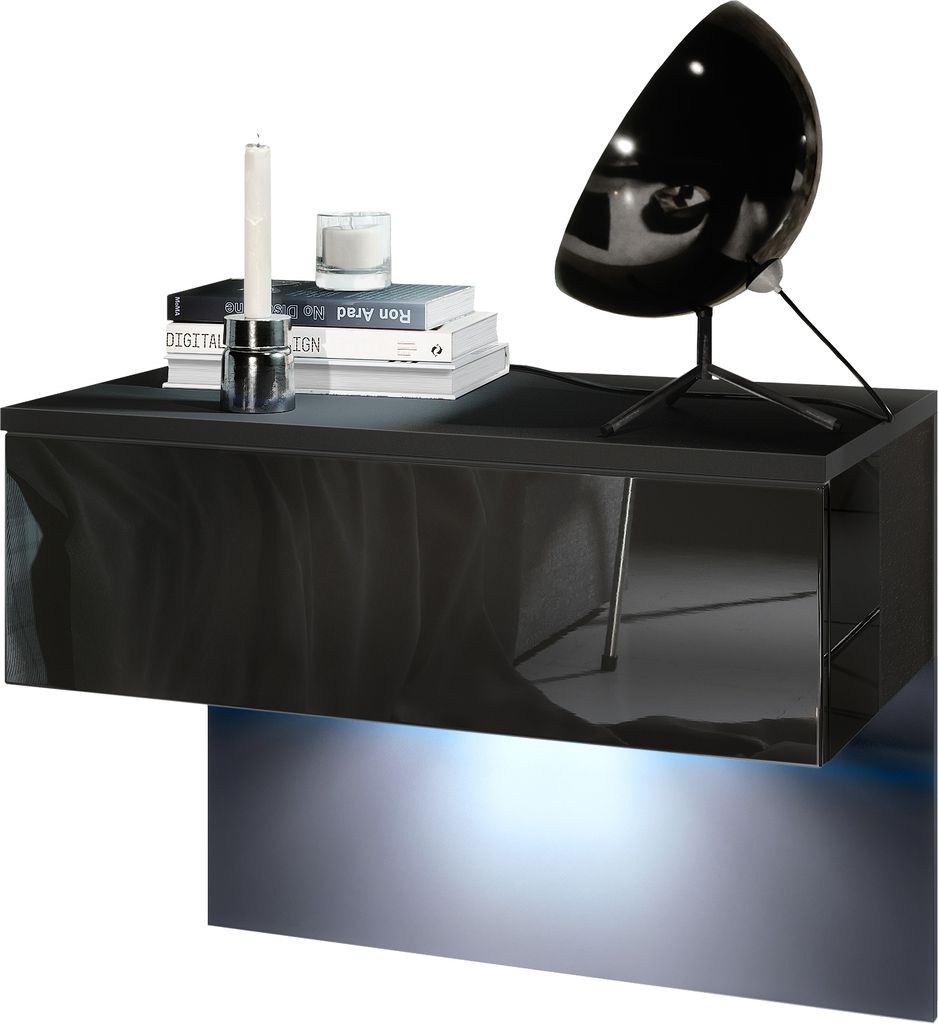 Vladon Nachttisch Sleep, Germany, Nachttischschrank mit Schublade zur Wandmontage, Schwarz matt/Schwarz Hochglanz, inkl. LED-Beleuchtung (60 x 46 ...