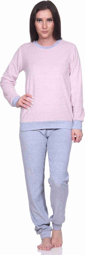 Damen Frottee Pyjama langarm mit Bündchen in edler Streifenoptik - 291 201 13 780 ; Ringel klein rosa , 44