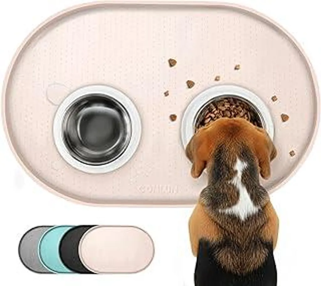 Conlun Tappetino per ciotola per cani, bordi alti 1,2 cm Tappetino per gatti per evitare fuoriuscite, tappetino in silicone senza BPA con bordo in gomma Tappetino per ciotola per cani per ciotole di cibo e acqua (beige, 48x30 cm) WT - 1