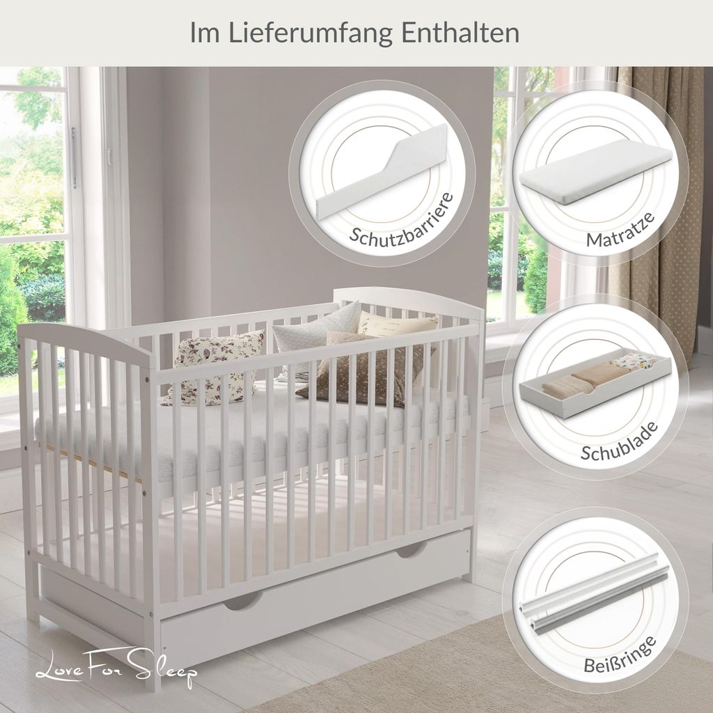 Love For Sleep Weiß Babybett Gitterbett mit Schublade 120 x Produktbild 