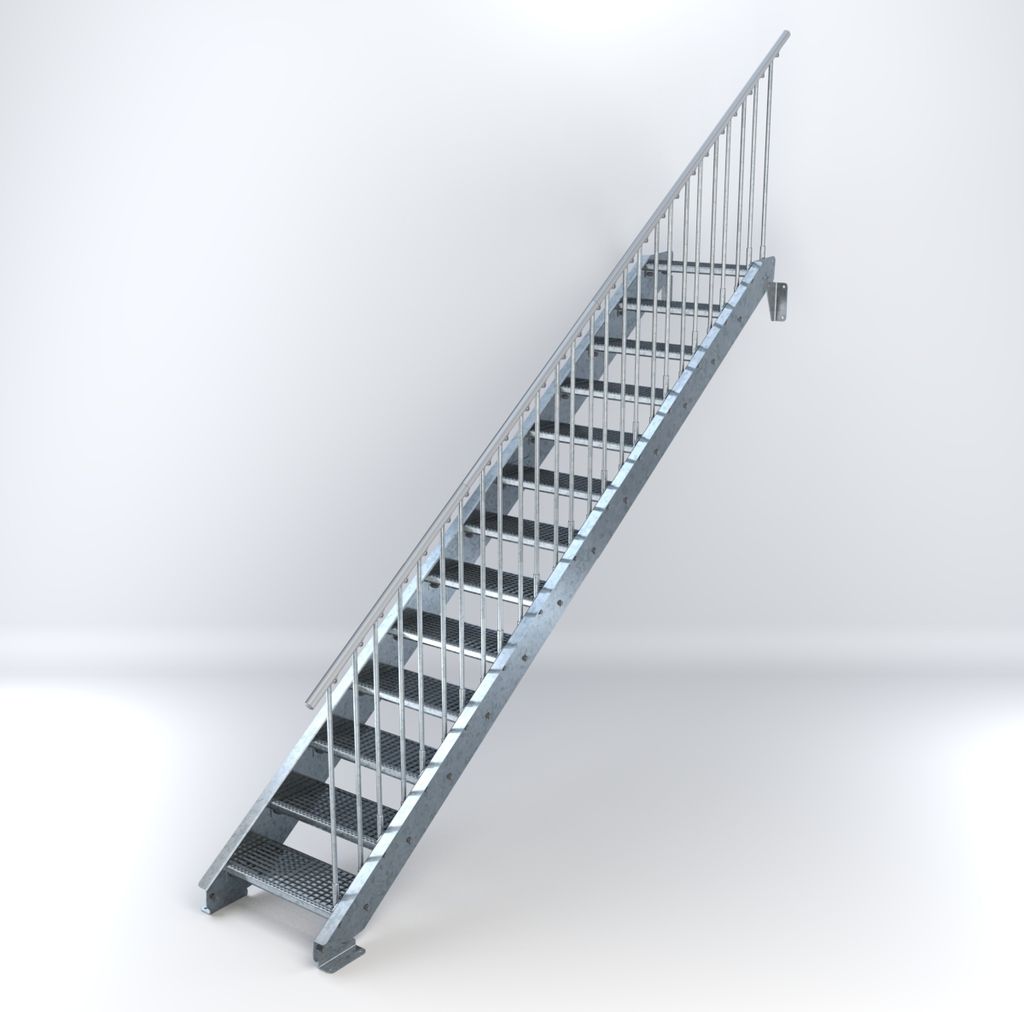 Stahltreppe 13 Stufen bis Höhe 260 cm, Laufbreite : 60 cm Geländer rechts ST 2 (31 / 31 mm gezackt)