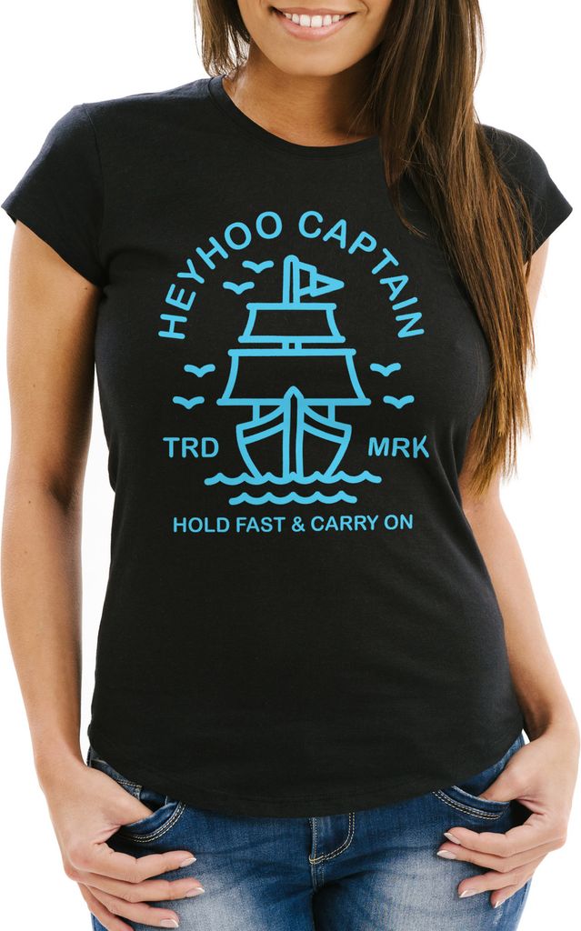 Damen T-Shirt Schiff Kapitain Segeln Captain Anker Slim Fit Neverless schwarz-türkis L