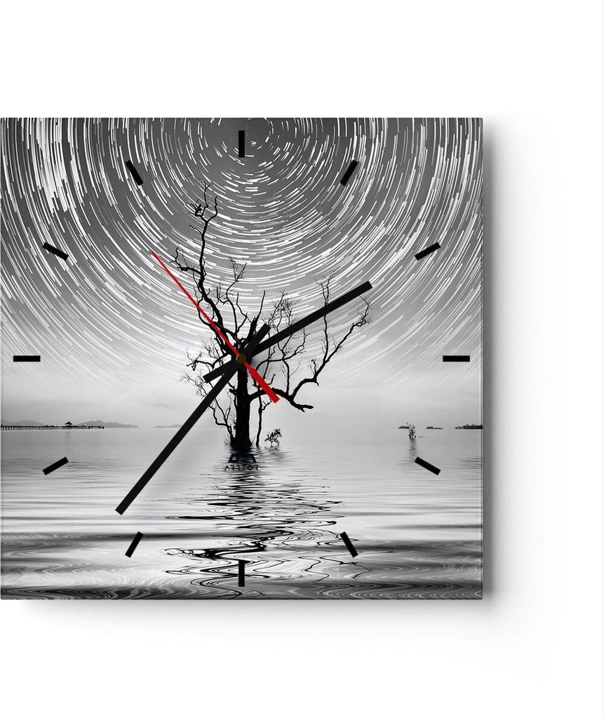 Wanduhr - Quadrat - Glasuhr - Schwarzweiß Baum See - 40x40cm - Schleichendes Uhrwerk - Lautlos - zum Aufhängen bereit - Dekoration Modern - Wandd...