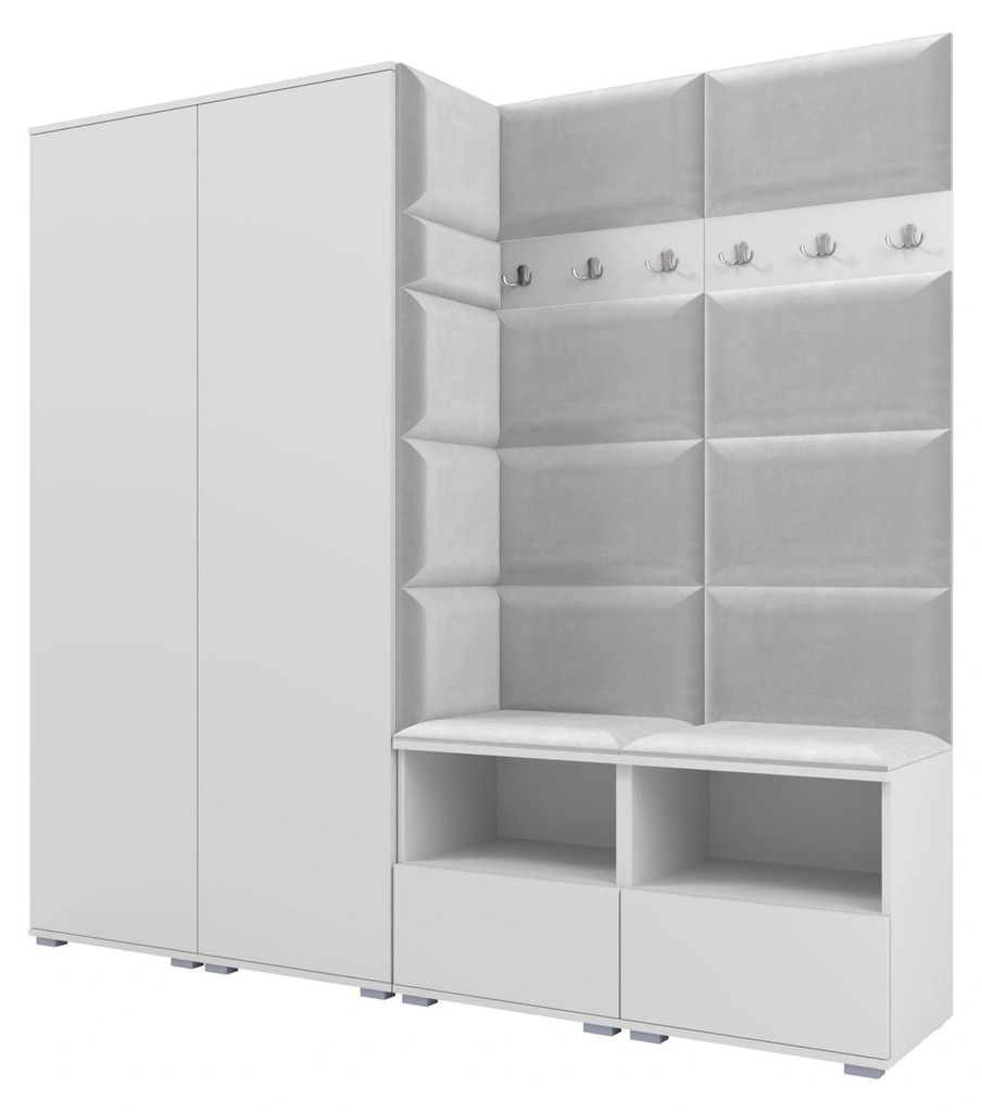 Garderobe NELA VI 200 cm Kompaktgarderobe Weiß mit Sitzpolster Hellgrau 32 (Schrank & Paneel)