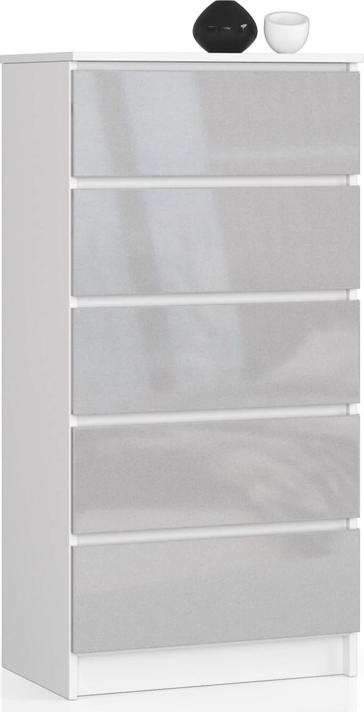 BDW Hochglanz Kommode, 5 Schubladen, Schlafzimmer, 60x121, Weiß-Grau