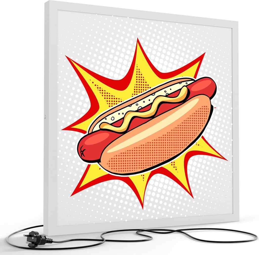DEQORI LED-Bild & Lampe 60x60 cm Weiß 'Wurst mit Wumms' Leuchtbild LED Wandbild Leuchte