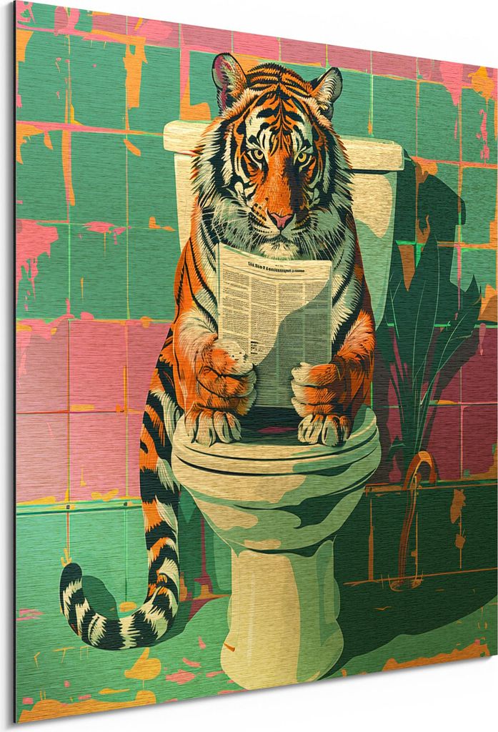 DEQORI Alu-Dibond Bild Gold 50x50 cm 'Tiger auf Porzellanthron' Wandbild Metall dünn