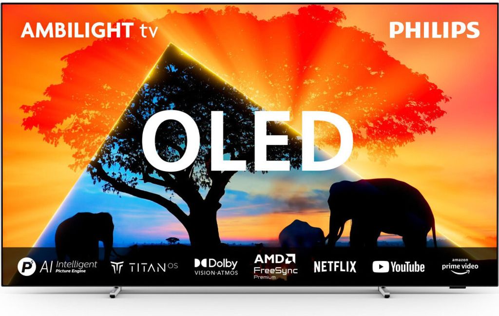A television screen displaying a vibrant image of elephants and trees with prominent text overlays.