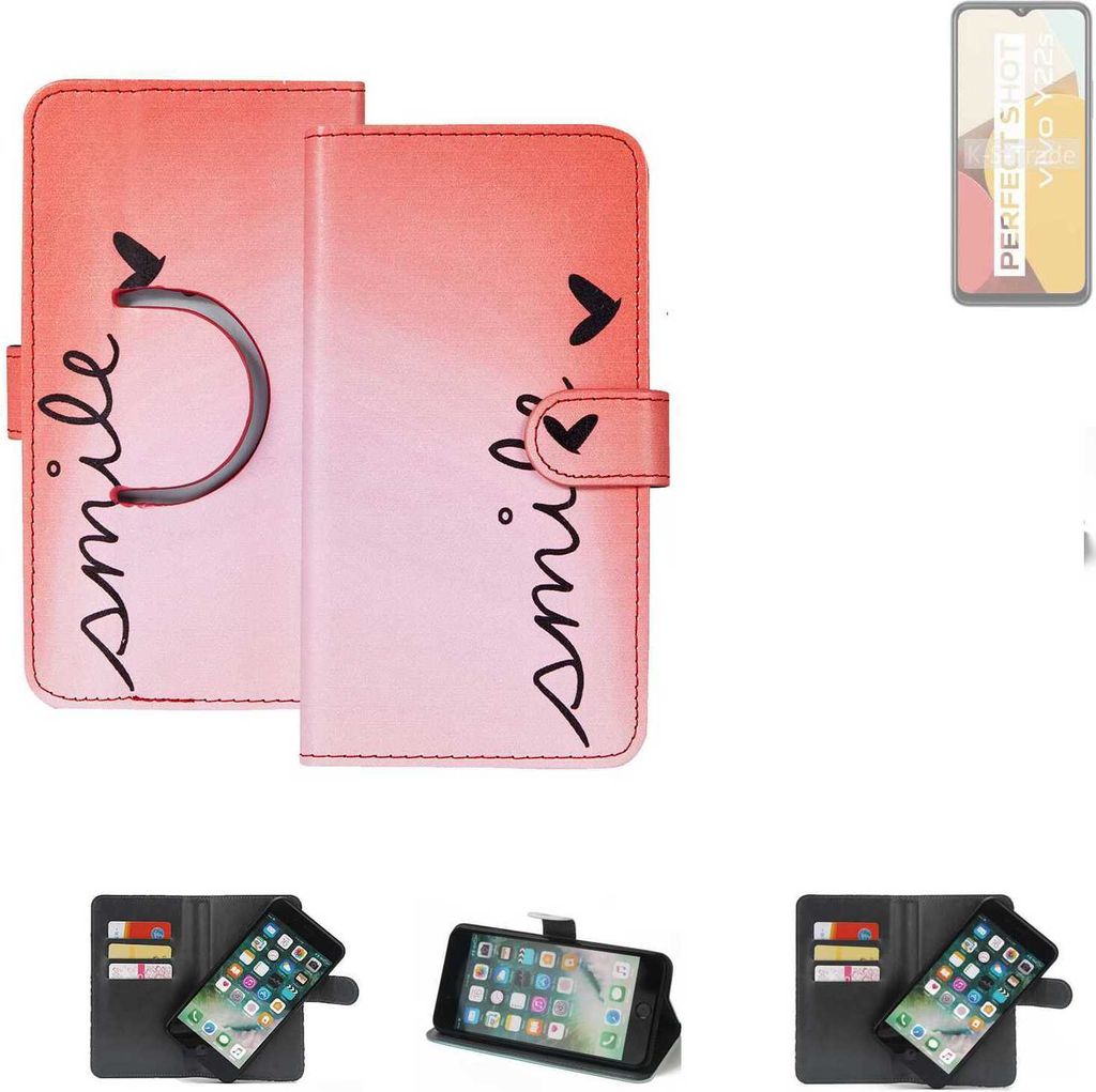 K-S-Trade Schutzhülle Handyhülle kompatibel mit Vivo Y22s Hülle cover bookstyle Etui ''smile'' rot Standfunktion Kameraschutz (1Stk)