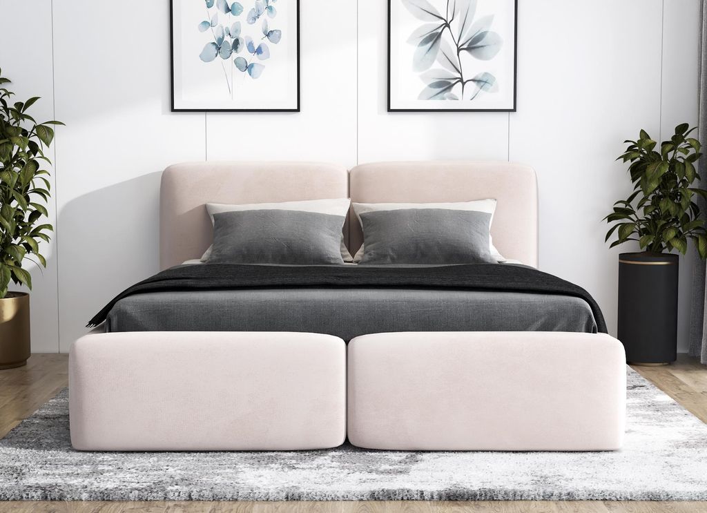 Polsterbett OLKE -OM 140x200 cm mit Bettkasten und Lattenrost. Farbe: Beige