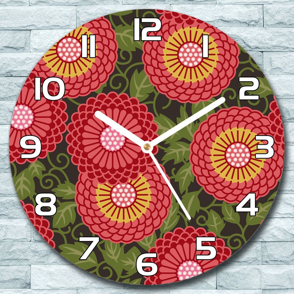 Wanduhr aus Glas Rund fi 30 Blumen rot und grün Quarz Deko Schlafzimmer Büro