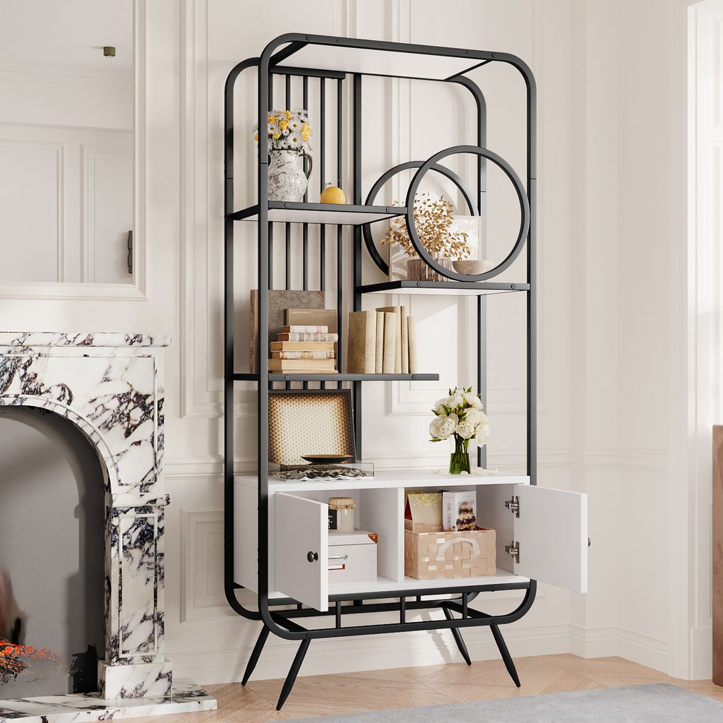 Lagerschrank mit Metallregal, Doppeltür, 3 Regalböden, runde Dekoration, 80x30x180cm, schwarz und weiß