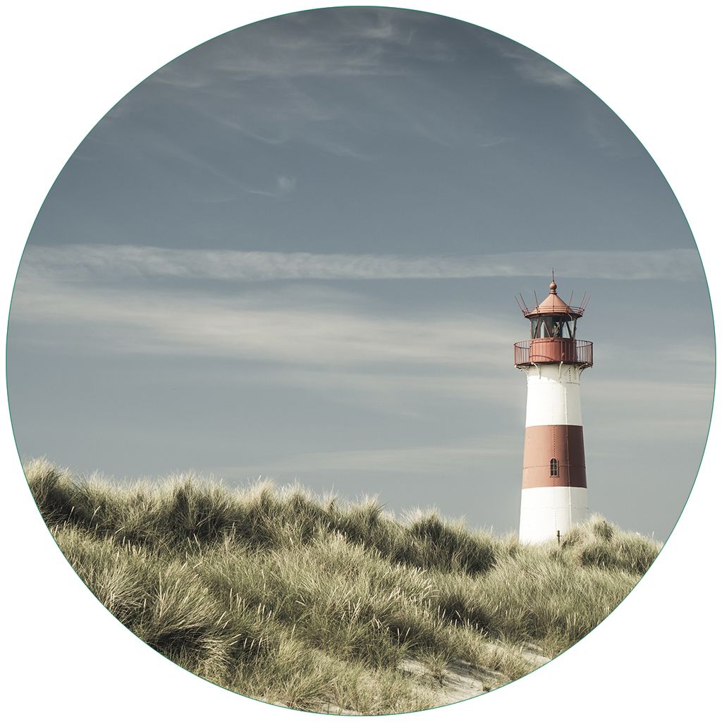 Wallario Premium Glasbild, freischwebende Optik, kräftige Farben, rund 50cm Durchmesser, Motiv Leuchtturm auf der Düne am Strand