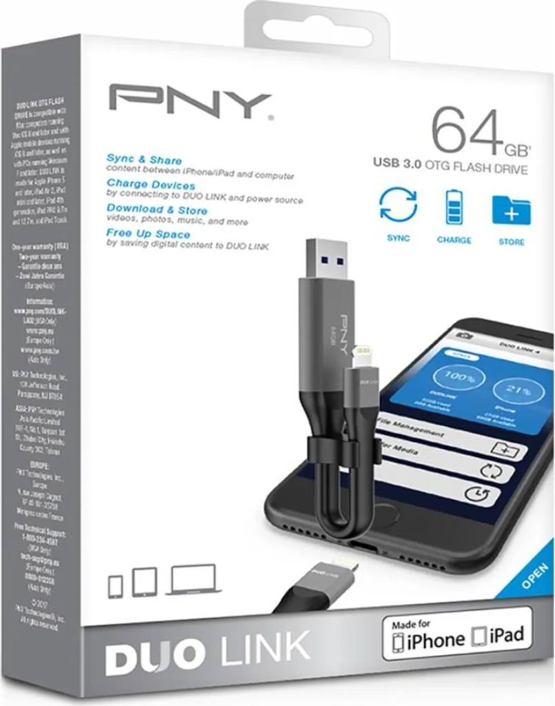 Clé USB 3.0 Duo Interface pour iPhone 64 Go PNY Noir - Transfert Rapide - 5
