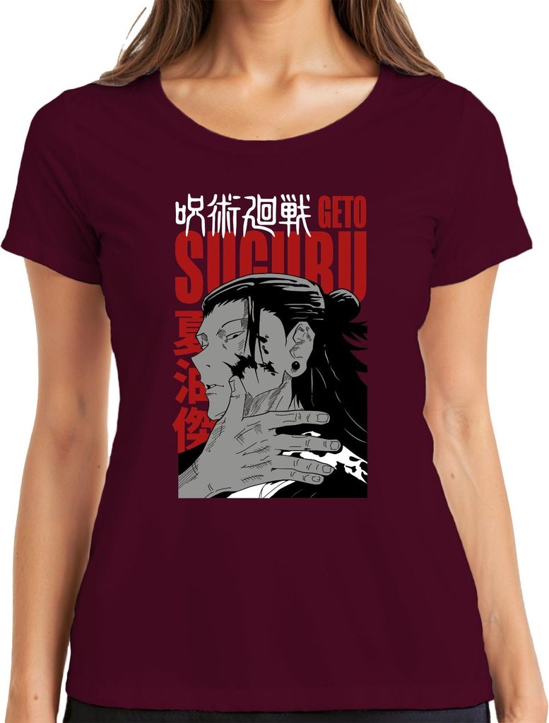 Jujutsu Kaisen Geto Suguru Porträt Hand düster Fan Geschenk Damen T-Shirt, Burgundy, S