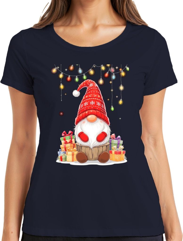 Weihnachtswichtel Gnom rote Mütze Geschenke Lichterkette nordisch Damen T-Shirt, Navy, S