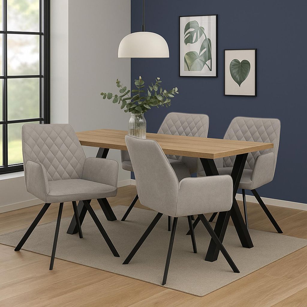 A dining room scene with a wooden table and four gray chairs.