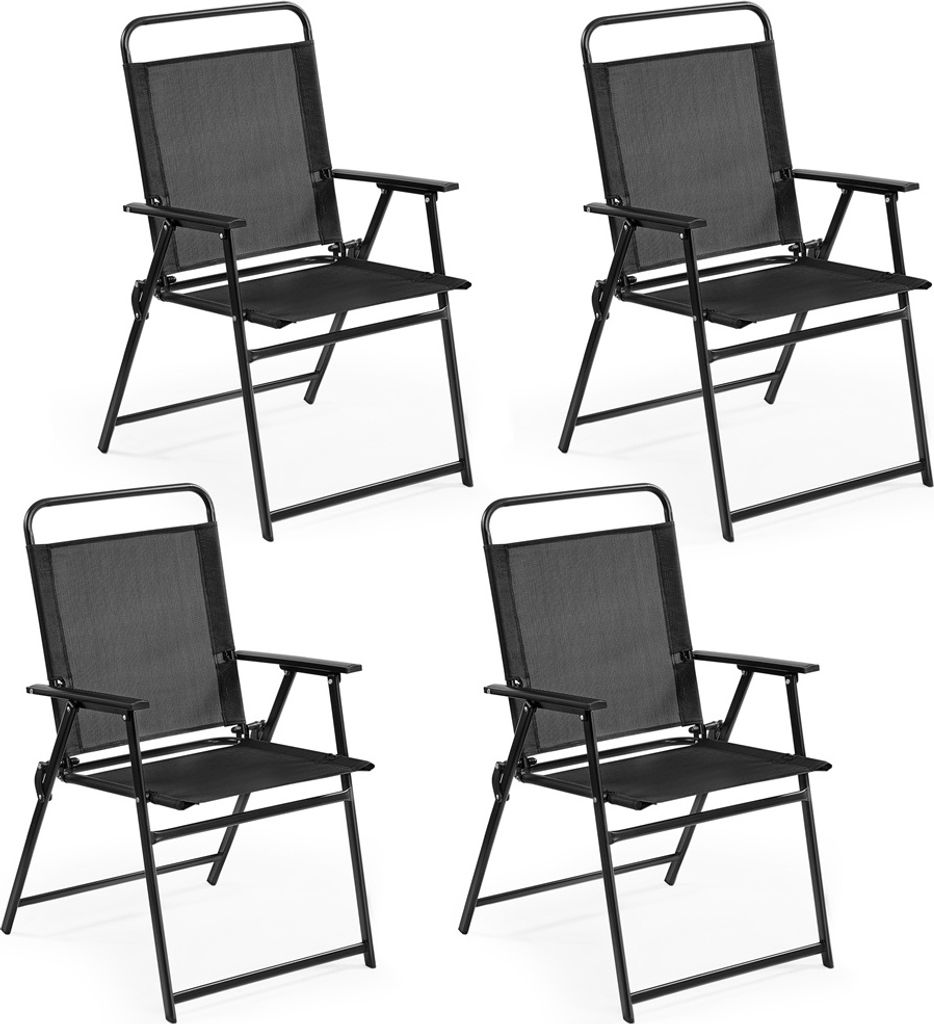 Four black folding garden chairs are arranged in a grid on a white background.