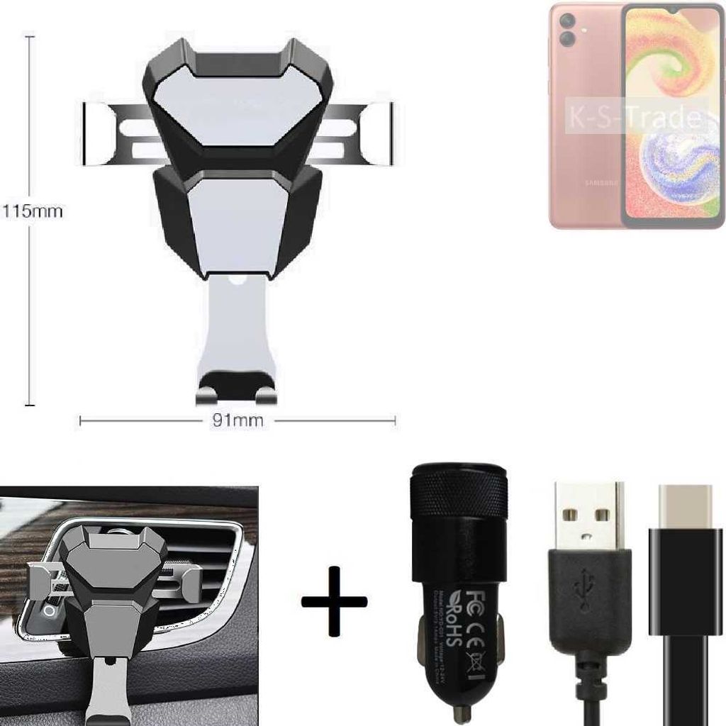 K-S-Trade Lüftungsschlitz Halterung kompatibel mit Samsung Galaxy A04 Lüftungshalterung Lüftungsgitter schwarz-silber Auto-Halterung Smartphone