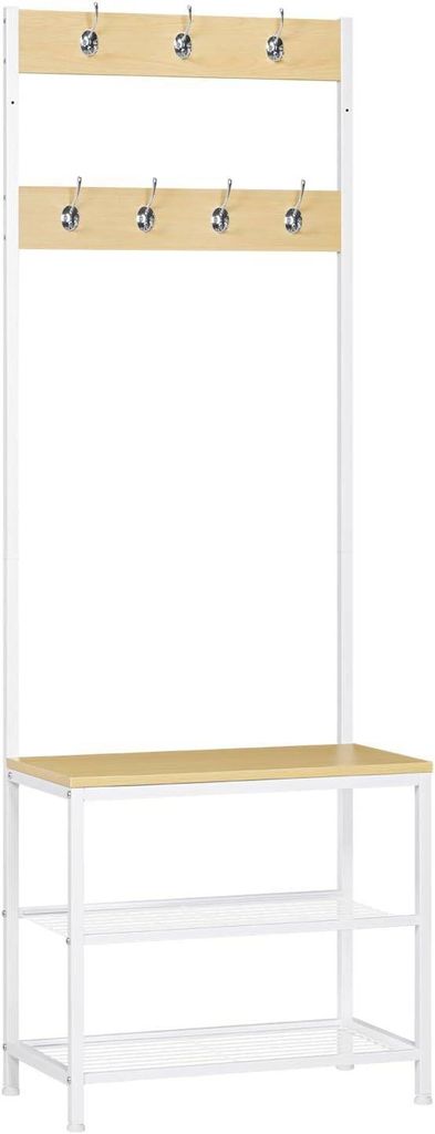 WOLTU Kleiderständer, Schuhregal mit Sitzfläche, 7 Haken, aus Holz und Stahl : Helle Eiche Farbe: Helle Eiche