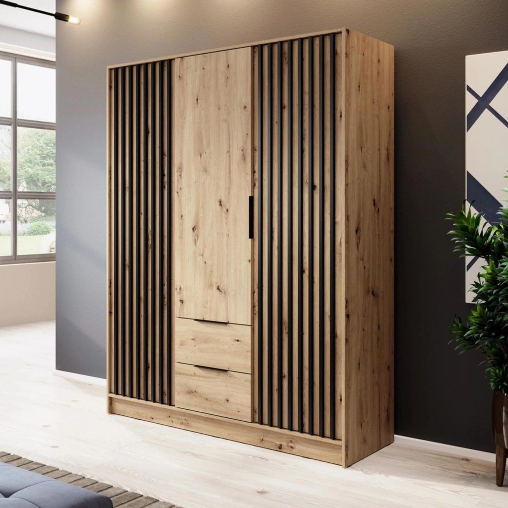 Kleiderschrank Stilo Eiche Artisan mit Lamellen – 155 cm, 3 Produktbild 