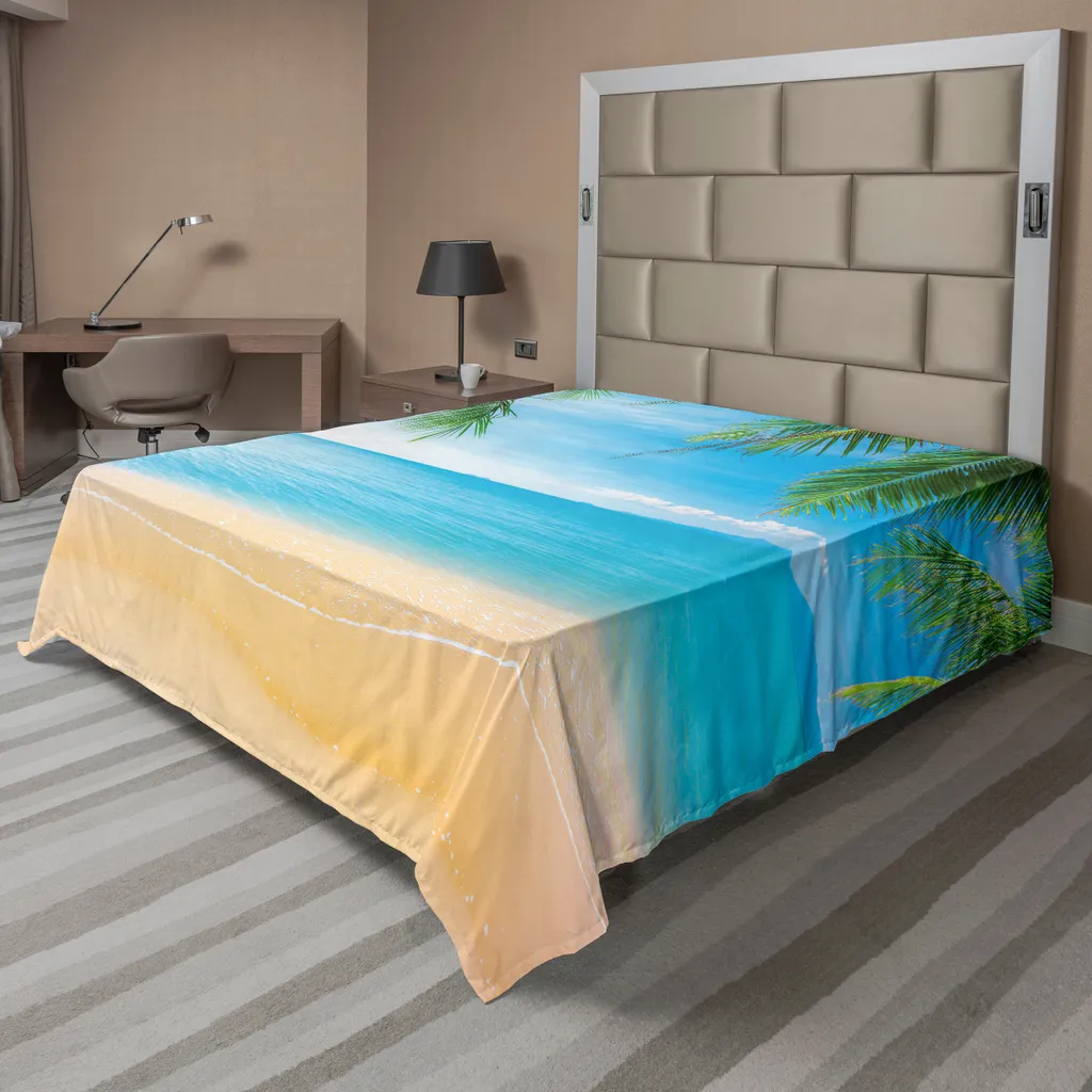 Drap de lit anti-plis grand format 275x260 motif lagon bleu de Thaïlande