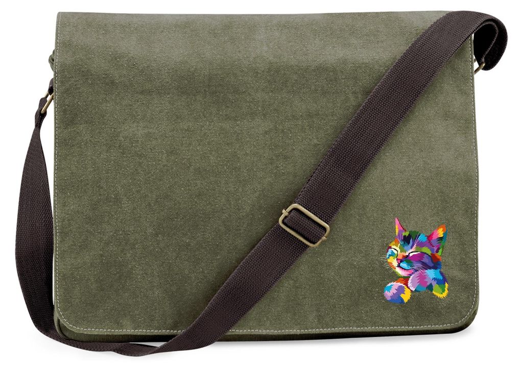 Huuraa Umhängetasche Katze Colorful 14 Liter Military Green Canvas Laptoptasche Geschenkidee
