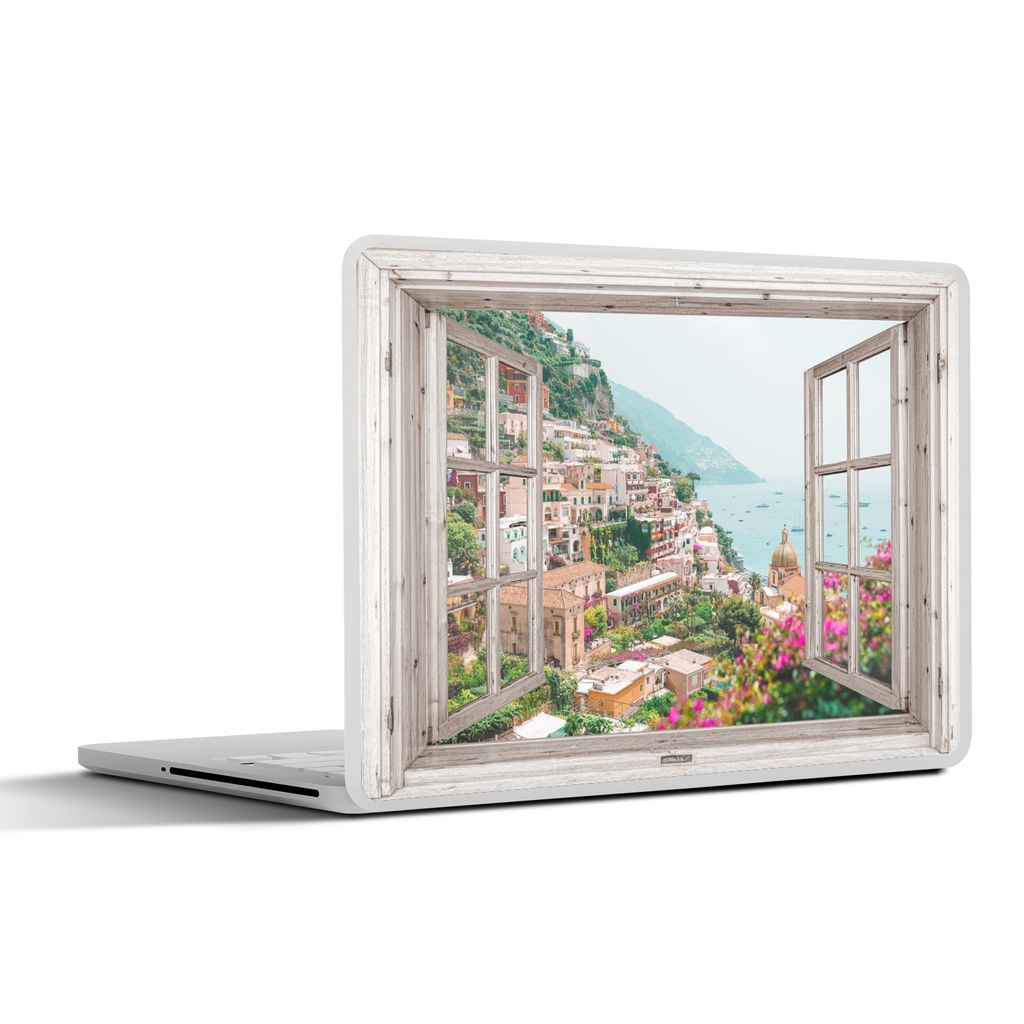 MuchoWow Laptop Aufkleber Sticker Cover Ausblick - Italien - Blumen - Meer - Küste - Stadt - Berge 32.5x23.5 cm - Sticker für Laptop - Selbstkl...