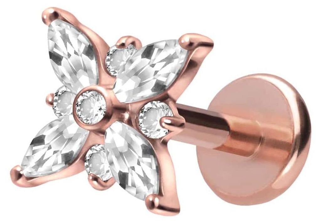 Ohrpiercing, Nasenpiercing Titan Labret mit Push Fit KRISTALLSTERN RoséGold Stablänge: 7mm | Stabstärke: 1mm