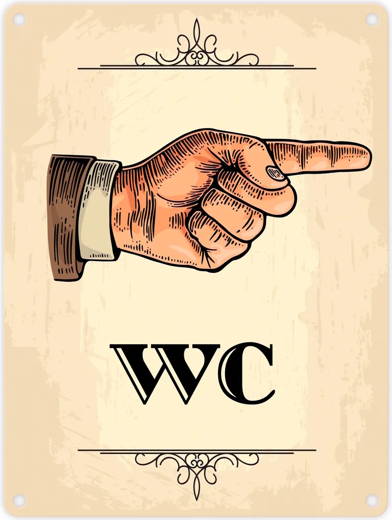 Panneau directionnel WC vintage en tôle beige avec main droite - 20x30cm