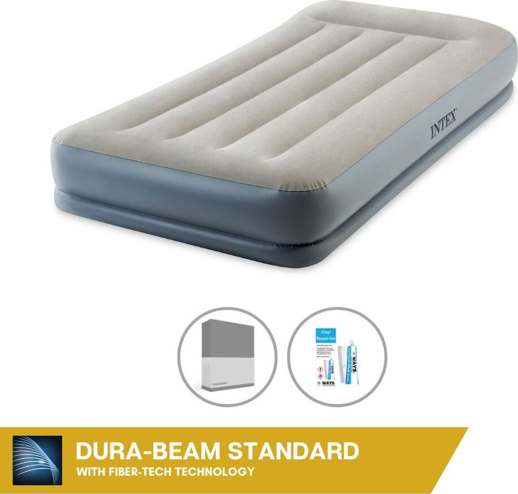 Intex Luftbett - 1 Person - 99 x 191 x 30 cm - Grau - Mit eingebauter Pumpe, Spannbettlaken Anthrazit en Reperaturset
